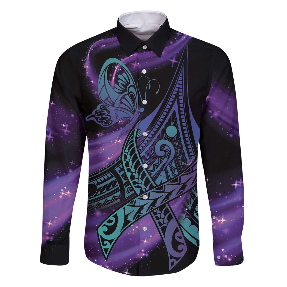 In September We Wear Teal And Purple Family Matching Puletasi and Hawaiian Shirt Magic Ribbon Semicolon LT01 Dad's Shirt - Long Sleeve Purple - Polynesian Pride