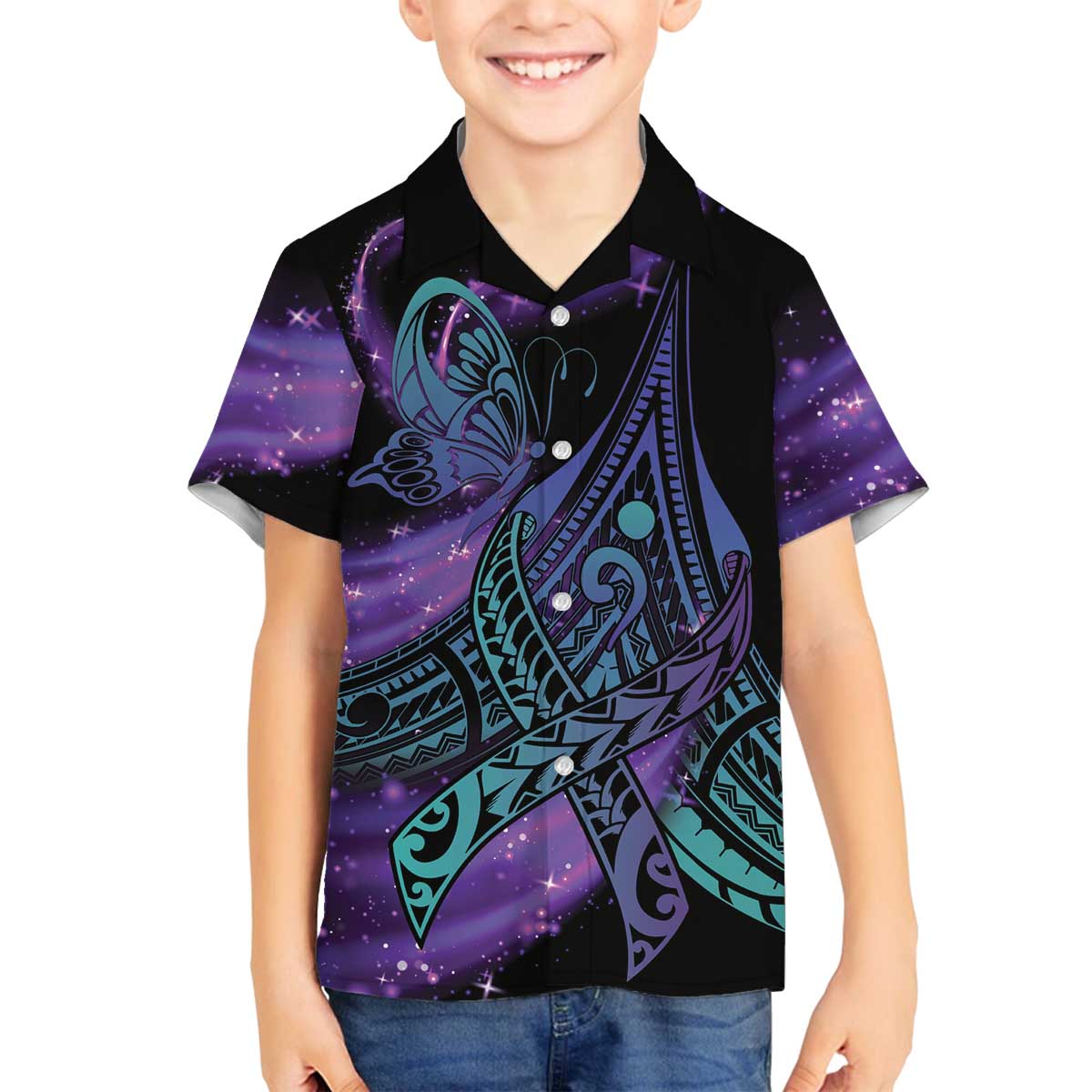 In September We Wear Teal And Purple Family Matching Puletasi and Hawaiian Shirt Magic Ribbon Semicolon LT01 Son's Shirt Purple - Polynesian Pride