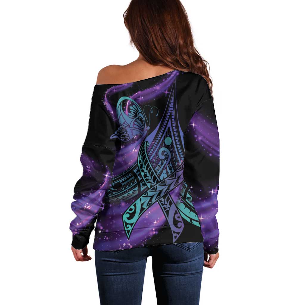 In September We Wear Teal And Purple Off Shoulder Sweater Magic Ribbon Semicolon