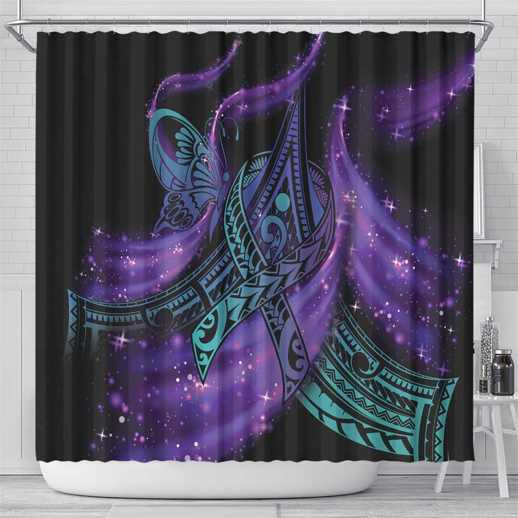 In September We Wear Teal And Purple Shower Curtain Magic Ribbon Semicolon