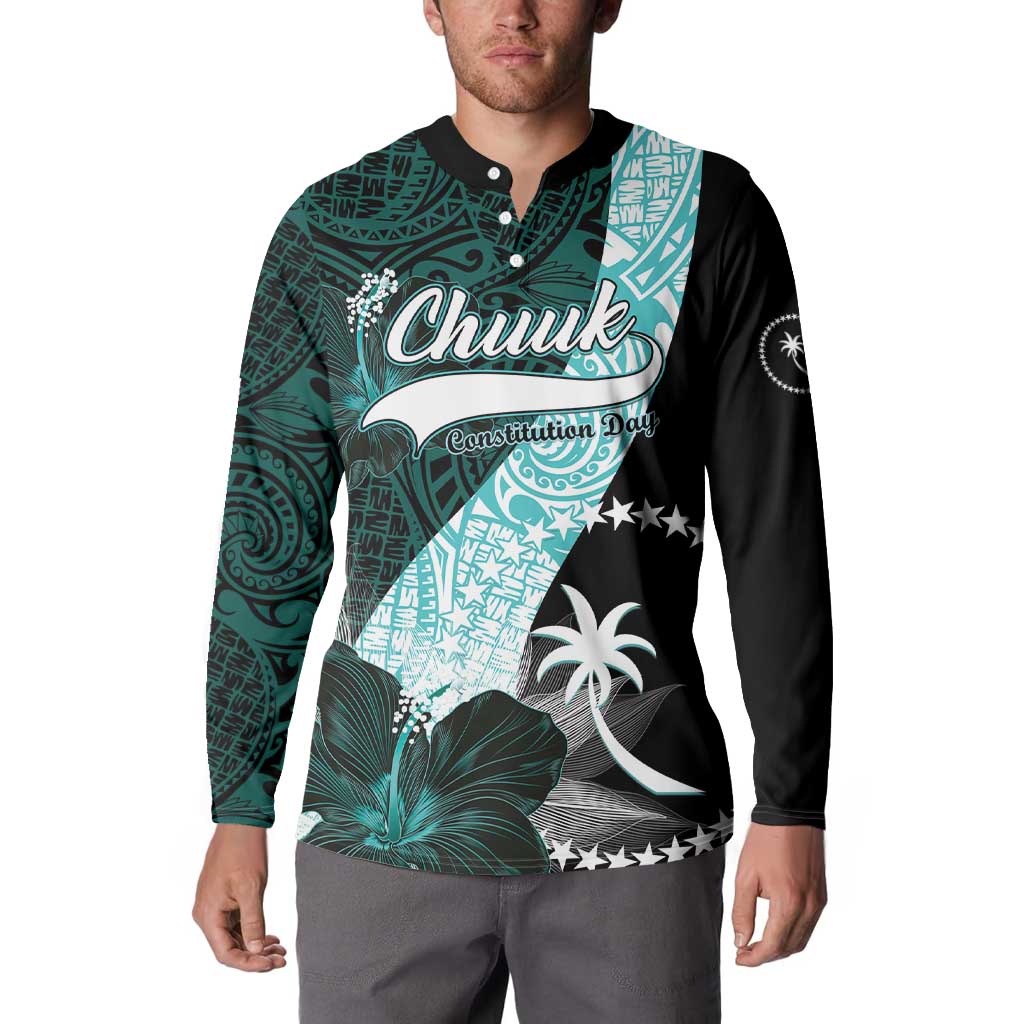Chuuk Constitution Day Button Sweatshirt Hibiscus Turquoise Pattern