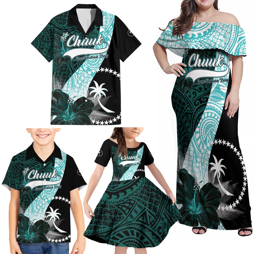 Chuuk Constitution Day Family Matching Off Shoulder Maxi Dress and Hawaiian Shirt Hibiscus Turquoise Pattern