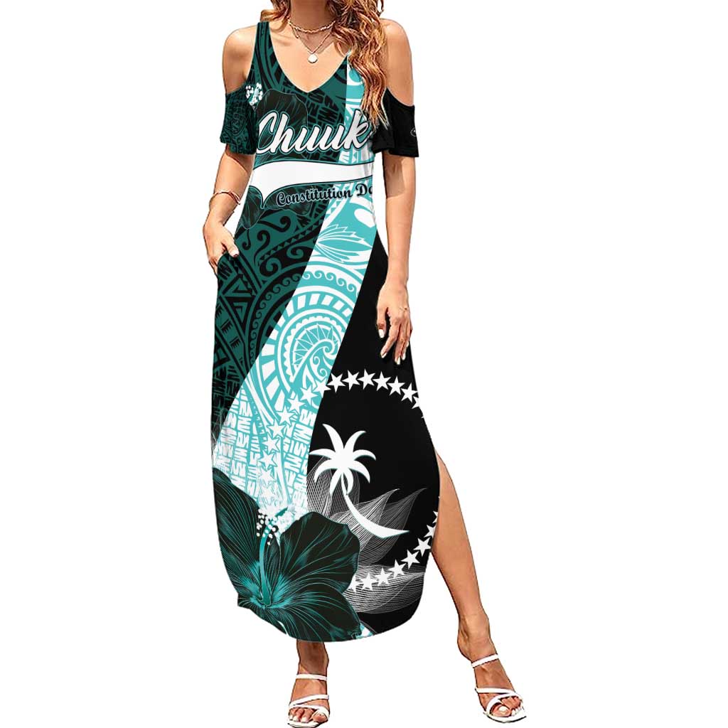 Chuuk Constitution Day Family Matching Summer Maxi Dress and Hawaiian Shirt Hibiscus Turquoise Pattern