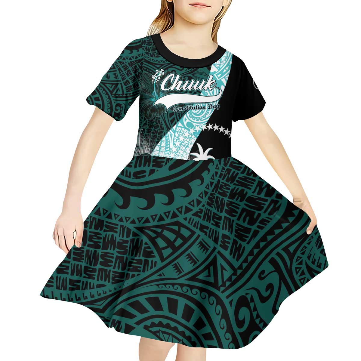 Chuuk Constitution Day Kid Short Sleeve Dress Hibiscus Turquoise Pattern