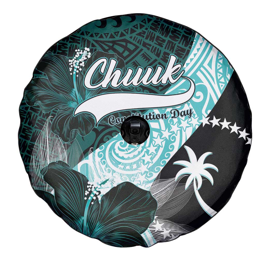 Chuuk Constitution Day Spare Tire Cover Hibiscus Turquoise Pattern