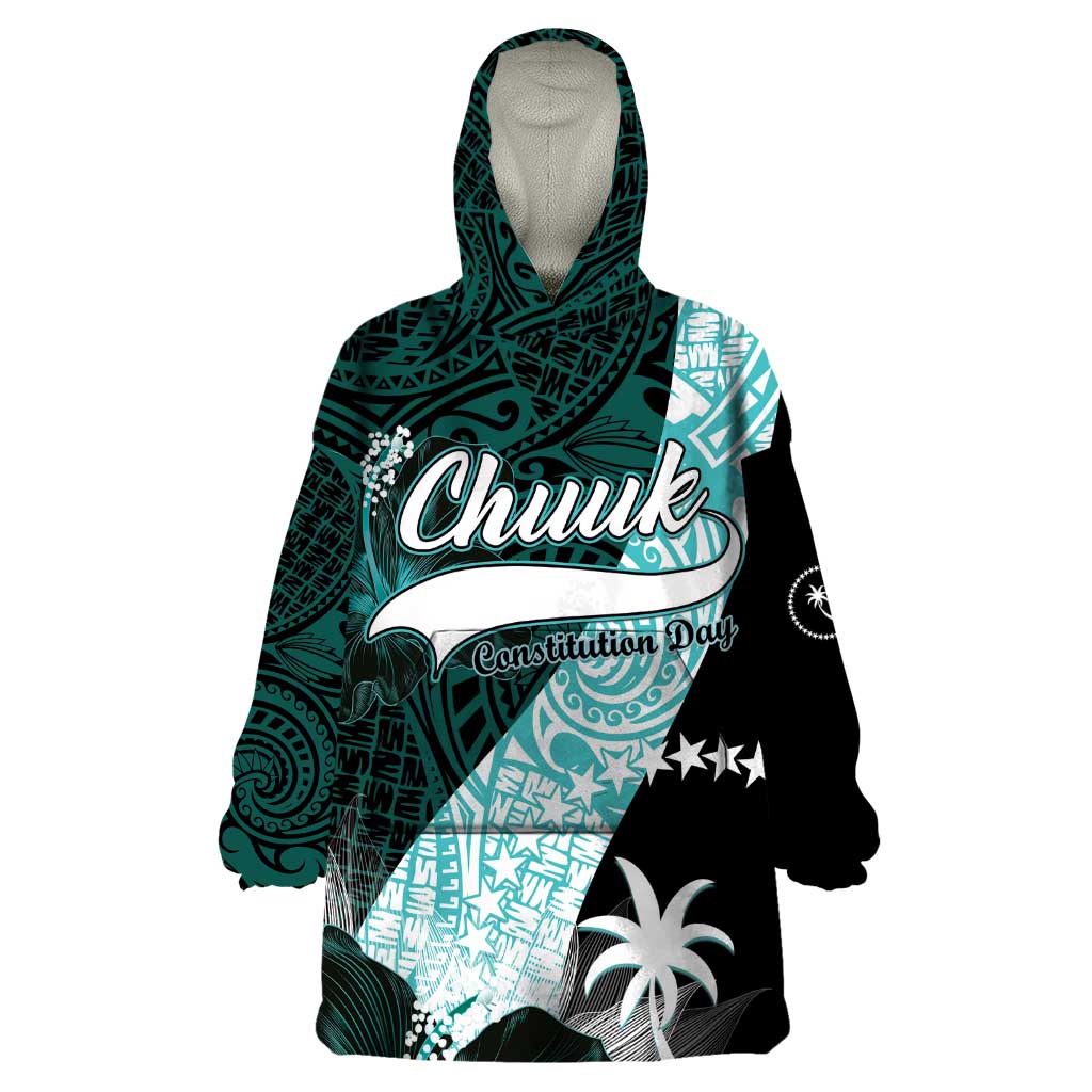 Chuuk Constitution Day Wearable Blanket Hoodie Hibiscus Turquoise Pattern