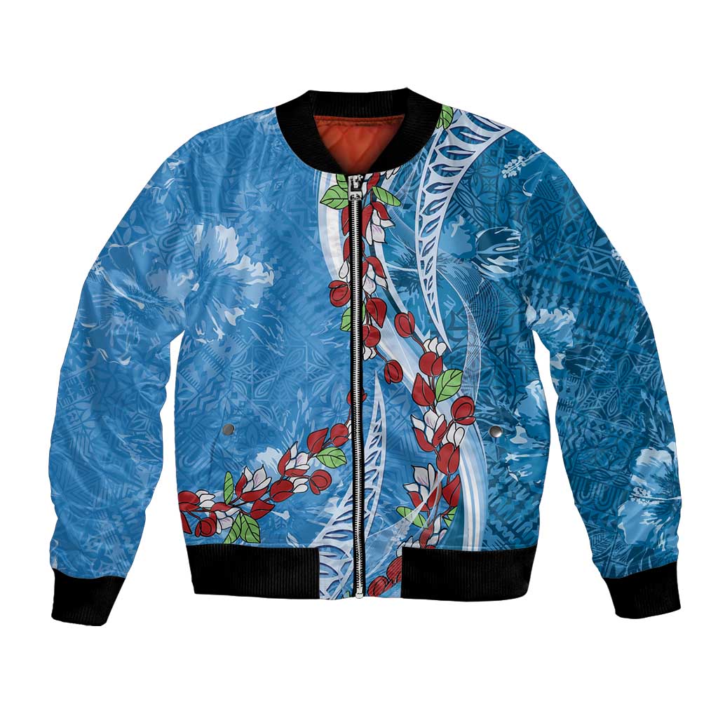 Fiji Tagimaucia Floral Bomber Jacket Tapa Pattern LT01 Unisex Blue - Polynesian Pride