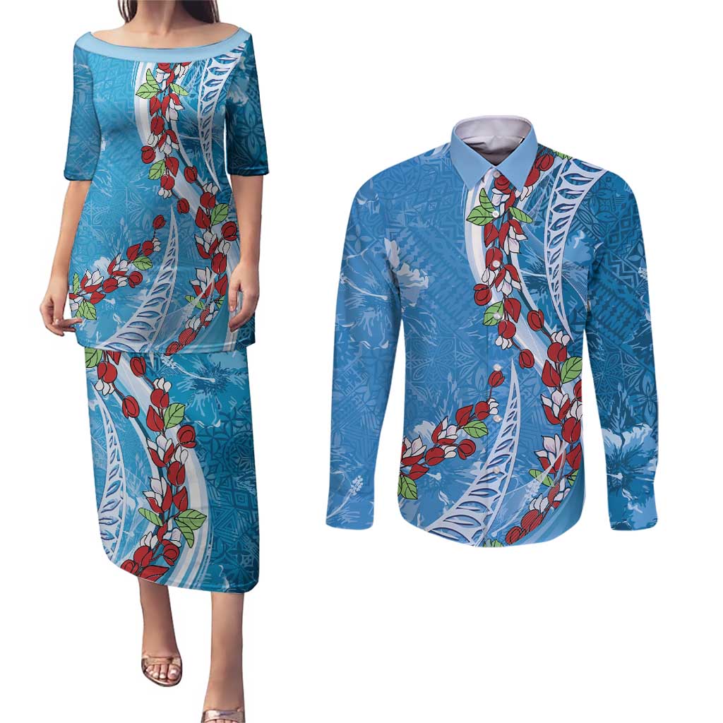 Fiji Tagimaucia Floral Couples Matching Puletasi and Long Sleeve Button Shirt Tapa Pattern LT01 Blue - Polynesian Pride