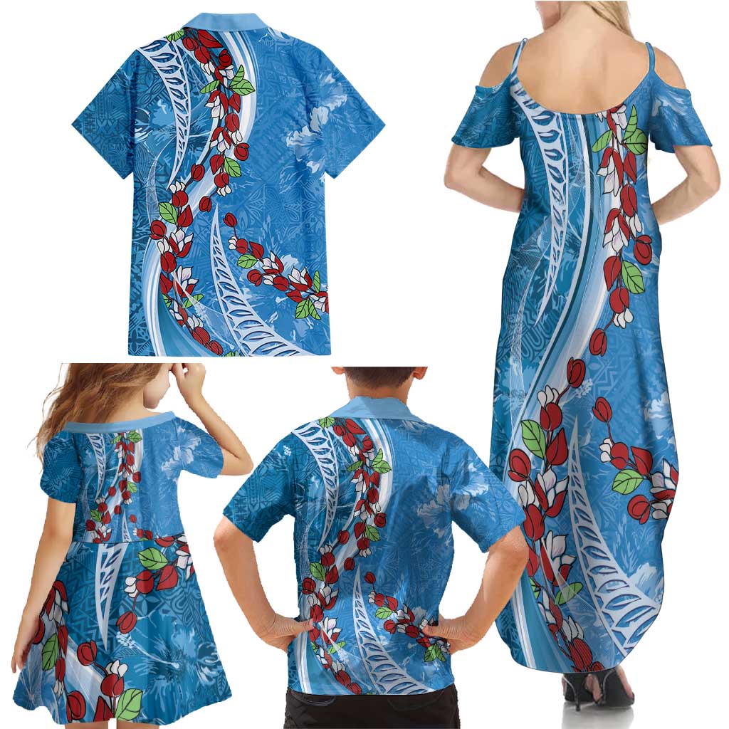 Fiji Tagimaucia Floral Family Matching Summer Maxi Dress and Hawaiian Shirt Tapa Pattern