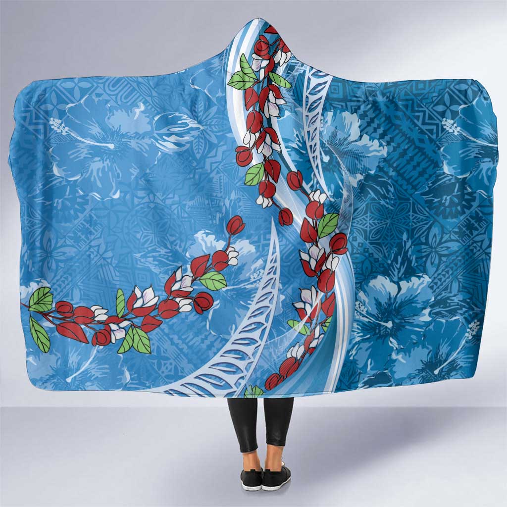 Fiji Tagimaucia Floral Hooded Blanket Tapa Pattern LT01 One Size Blue - Polynesian Pride