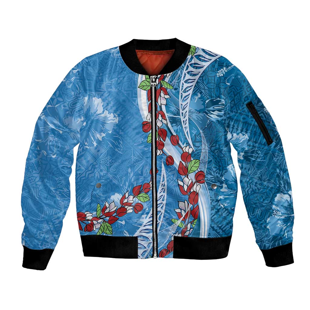 Fiji Tagimaucia Floral Sleeve Zip Bomber Jacket Tapa Pattern LT01 Unisex Blue - Polynesian Pride
