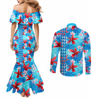 Hawaii Christmas Couples Matching Mermaid Dress and Long Sleeve Button Shirt Santa Claus Surfing Kakau Tropical Style LT01 - Polynesian Pride