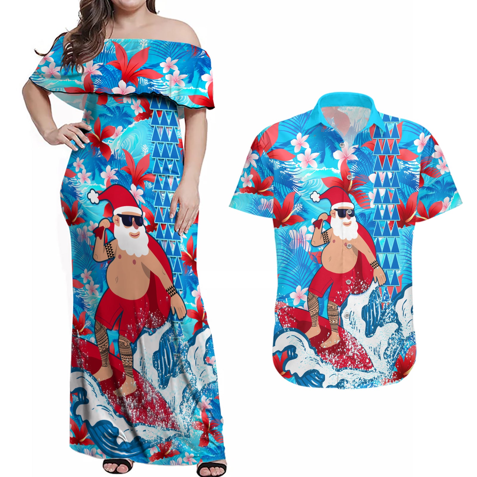 Hawaii Christmas Couples Matching Off Shoulder Maxi Dress and Hawaiian Shirt Santa Claus Surfing Kakau Tropical Style LT01 Blue - Polynesian Pride