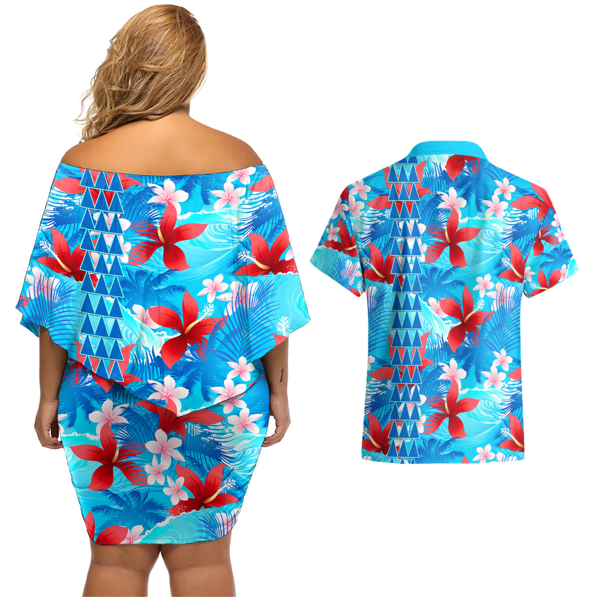 Hawaii Christmas Couples Matching Off Shoulder Short Dress and Hawaiian Shirt Santa Claus Surfing Kakau Tropical Style LT01 - Polynesian Pride