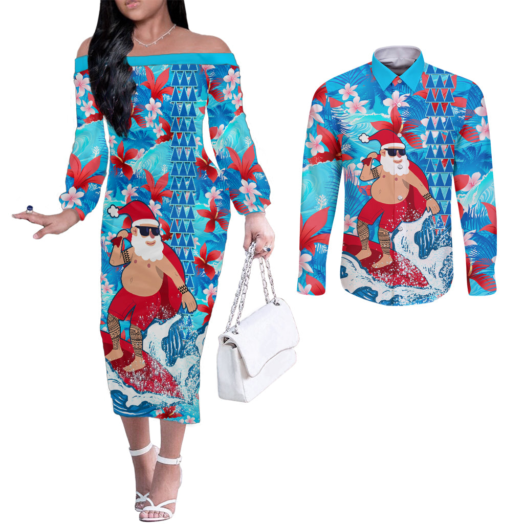 Hawaii Christmas Couples Matching Off The Shoulder Long Sleeve Dress and Long Sleeve Button Shirt Santa Claus Surfing Kakau Tropical Style LT01 Blue - Polynesian Pride