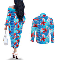 Hawaii Christmas Couples Matching Off The Shoulder Long Sleeve Dress and Long Sleeve Button Shirt Santa Claus Surfing Kakau Tropical Style LT01 - Polynesian Pride