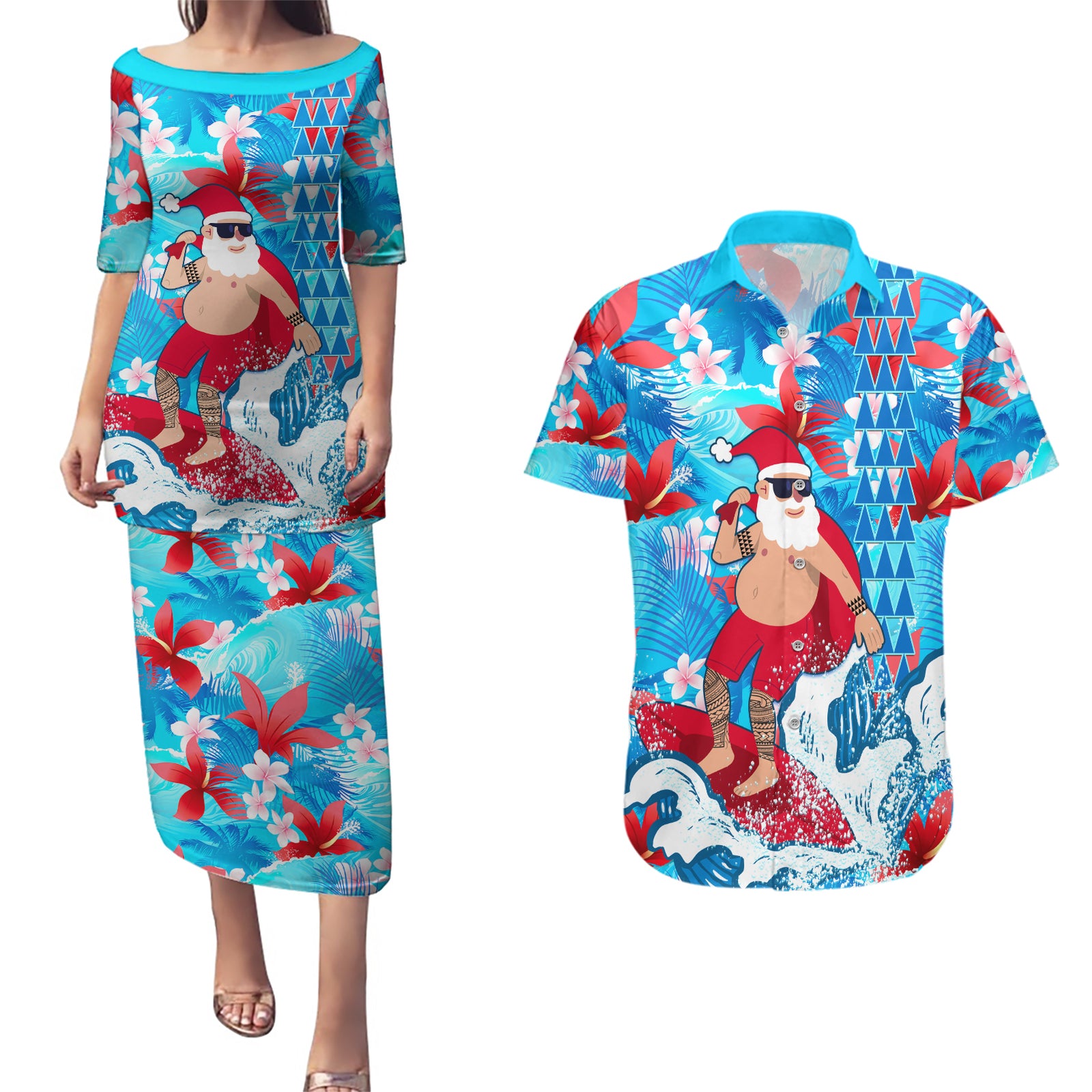 Hawaii Christmas Couples Matching Puletasi Dress and Hawaiian Shirt Santa Claus Surfing Kakau Tropical Style LT01 Blue - Polynesian Pride