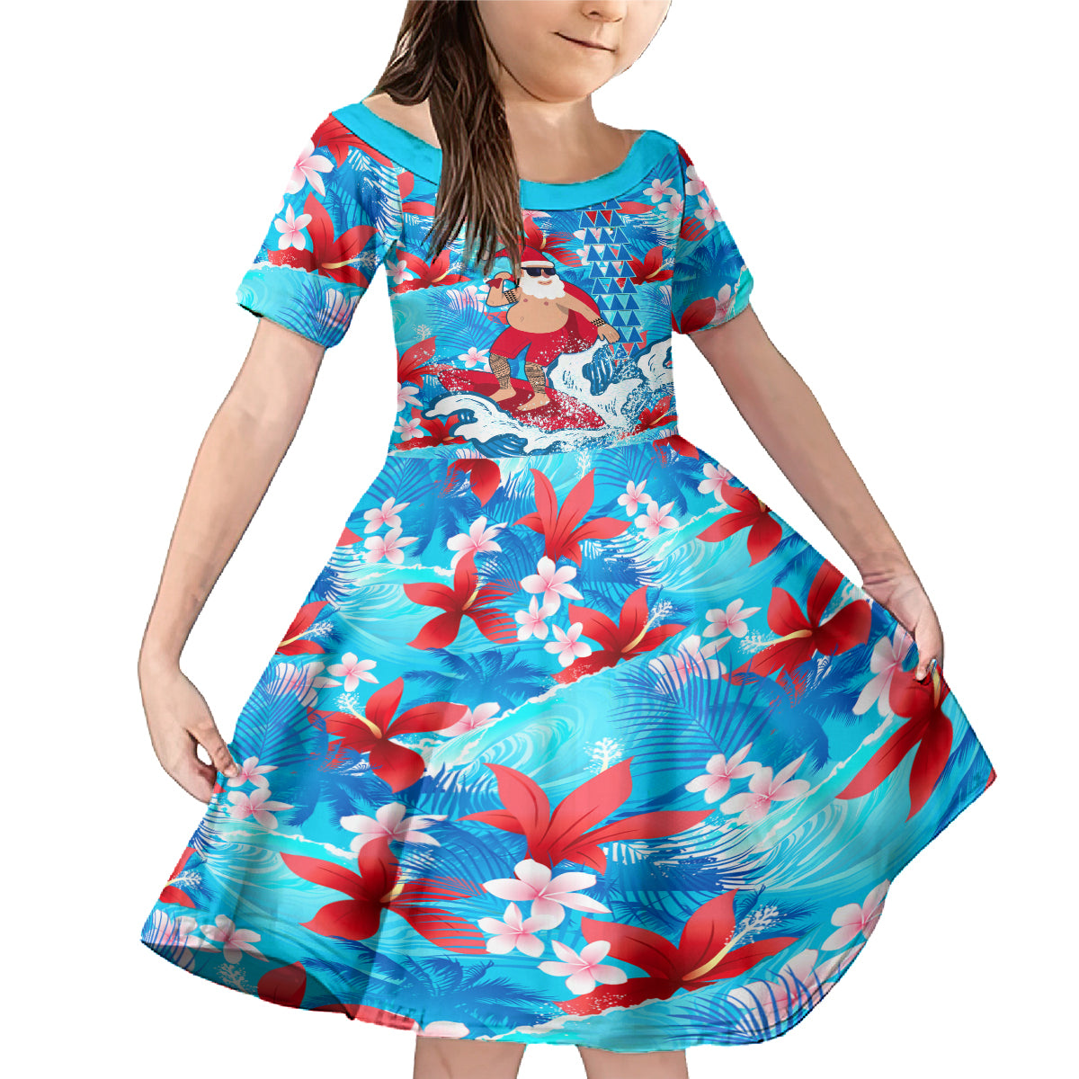 Hawaii Christmas Family Matching Mermaid Dress and Hawaiian Shirt Santa Claus Surfing Kakau Tropical Style LT01 Daughter's Dress Blue - Polynesian Pride