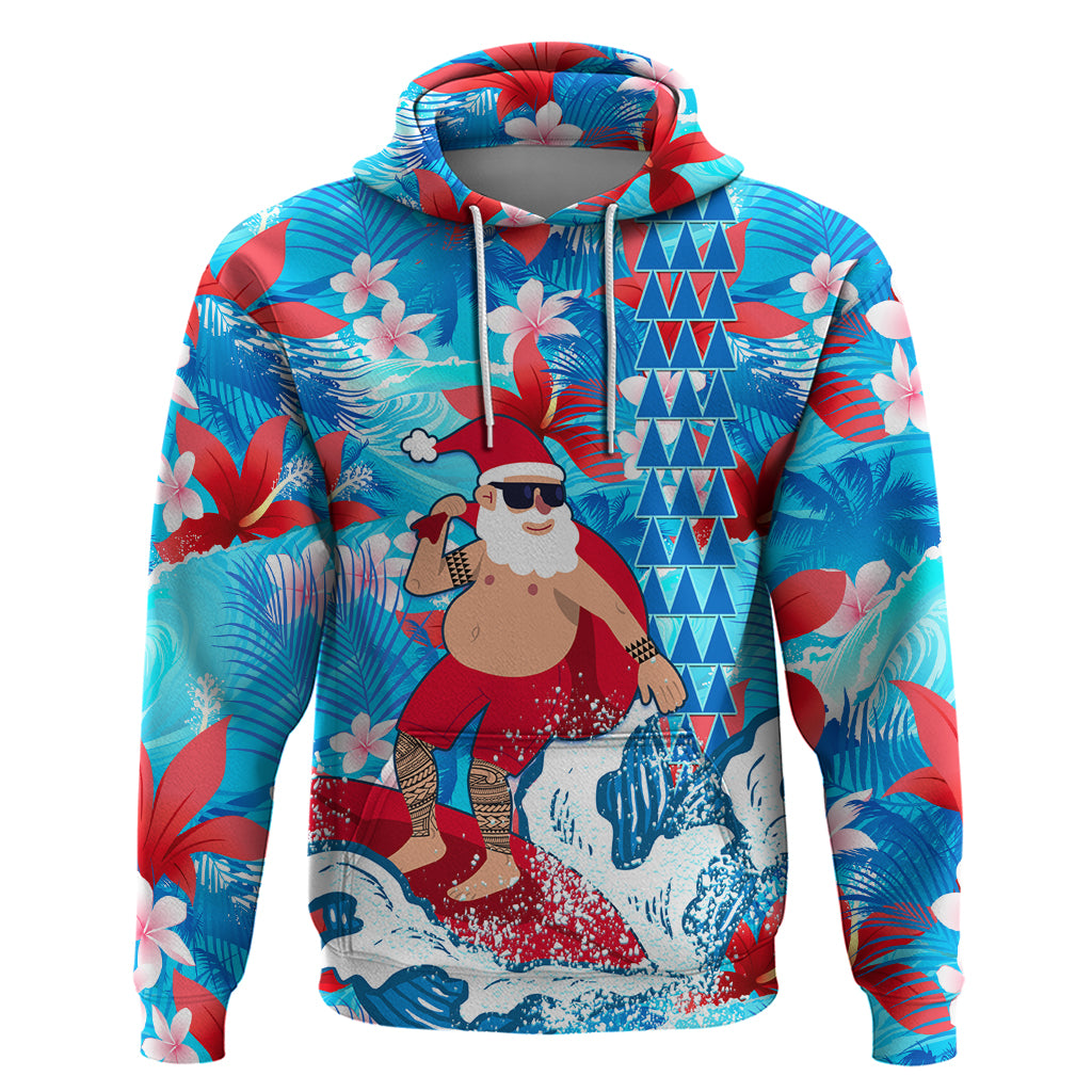 Hawaii Christmas Hoodie Santa Claus Surfing Kakau Tropical Style LT01 Pullover Hoodie Blue - Polynesian Pride