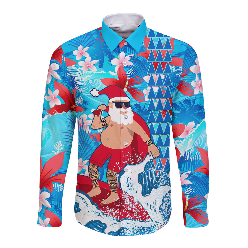 Hawaii Christmas Long Sleeve Button Shirt Santa Claus Surfing Kakau Tropical Style LT01 Unisex Blue - Polynesian Pride