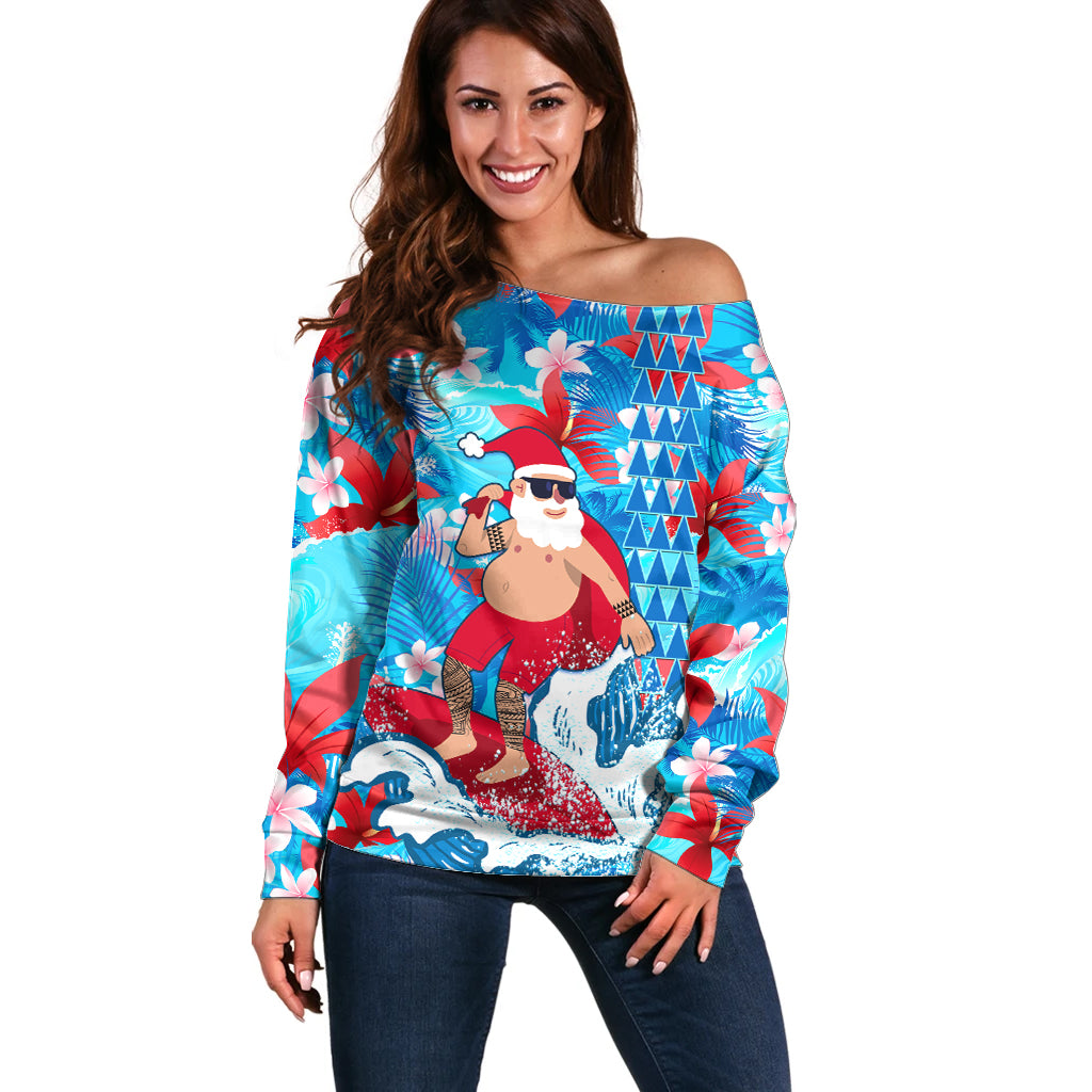 Hawaii Christmas Off Shoulder Sweater Santa Claus Surfing Kakau Tropical Style LT01 Women Blue - Polynesian Pride