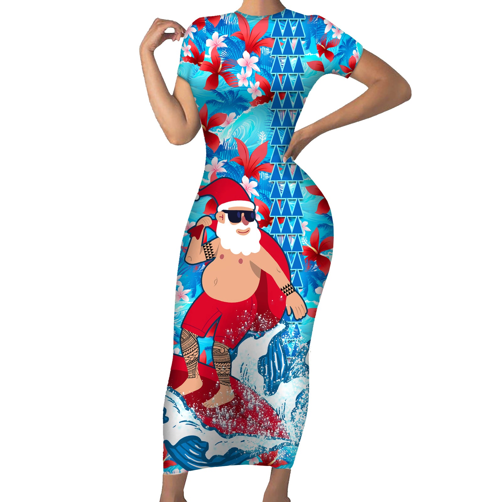 Hawaii Christmas Short Sleeve Bodycon Dress Santa Claus Surfing Kakau Tropical Style LT01 Long Dress Blue - Polynesian Pride