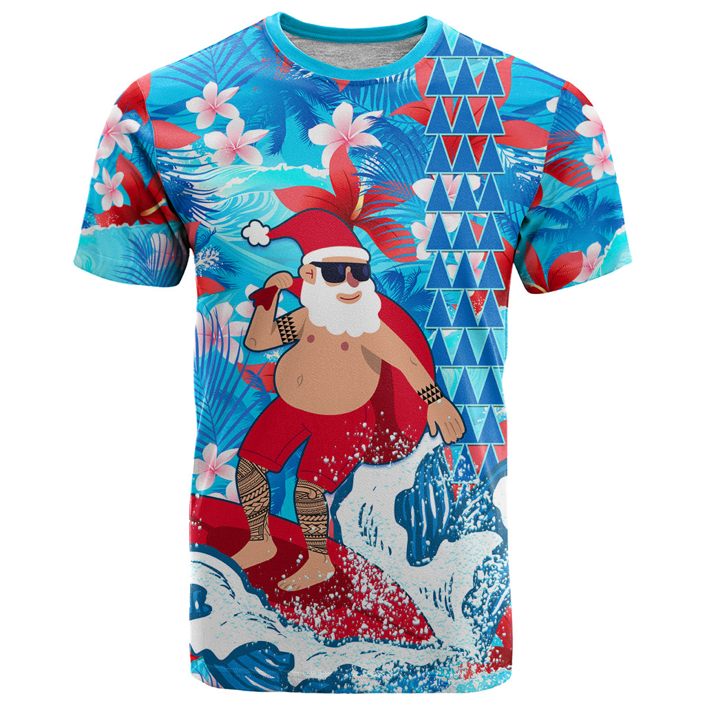 Hawaii Christmas T Shirt Santa Claus Surfing Kakau Tropical Style LT01 Blue - Polynesian Pride