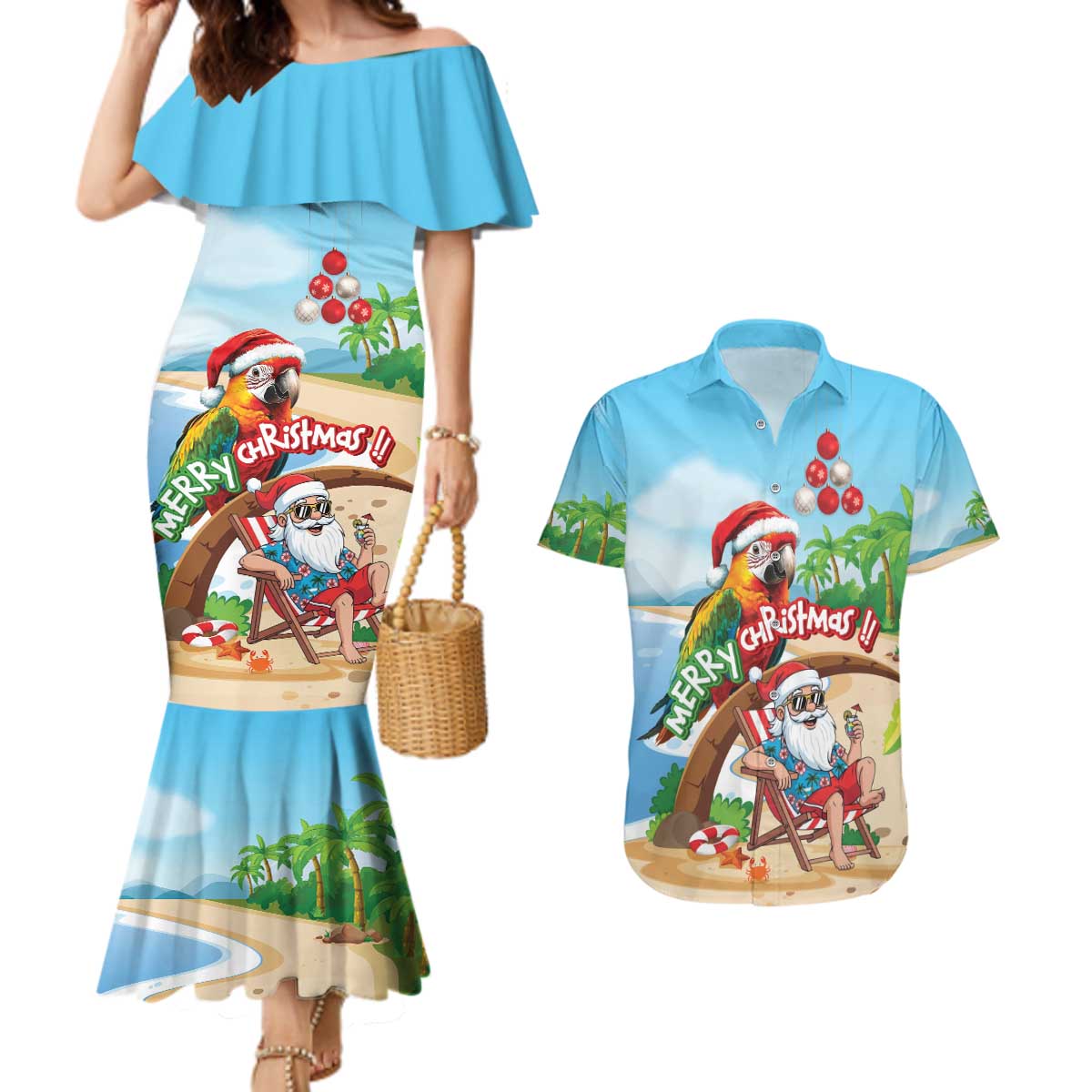 Personalized Hawaii Santa Parrot Christmas Couples Matching Mermaid Dress and Hawaiian Shirt Summer Vibe - Polynesian Pride