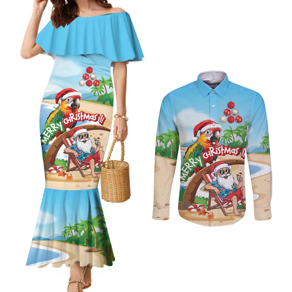 Personalized Hawaii Santa Parrot Christmas Couples Matching Mermaid Dress and Long Sleeve Button Shirt Summer Vibe - Polynesian Pride
