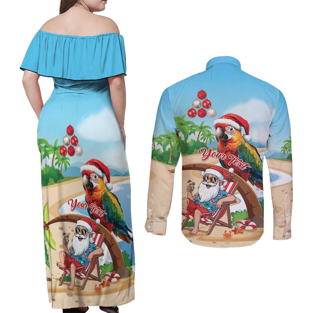 Personalized Hawaii Santa Parrot Christmas Couples Matching Off Shoulder Maxi Dress and Long Sleeve Button Shirt Summer Vibe - Polynesian Pride