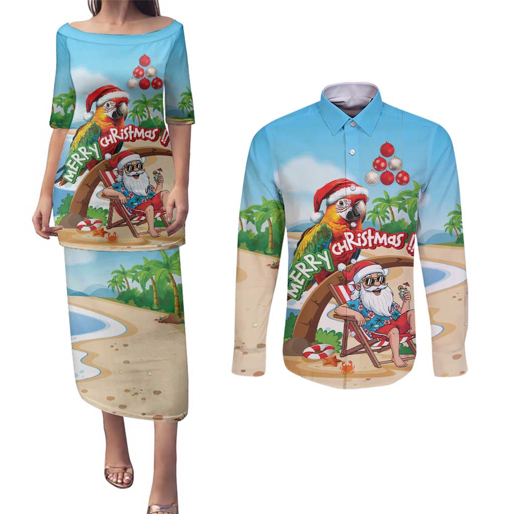Personalized Hawaii Santa Parrot Christmas Couples Matching Puletasi and Long Sleeve Button Shirt Summer Vibe - Polynesian Pride