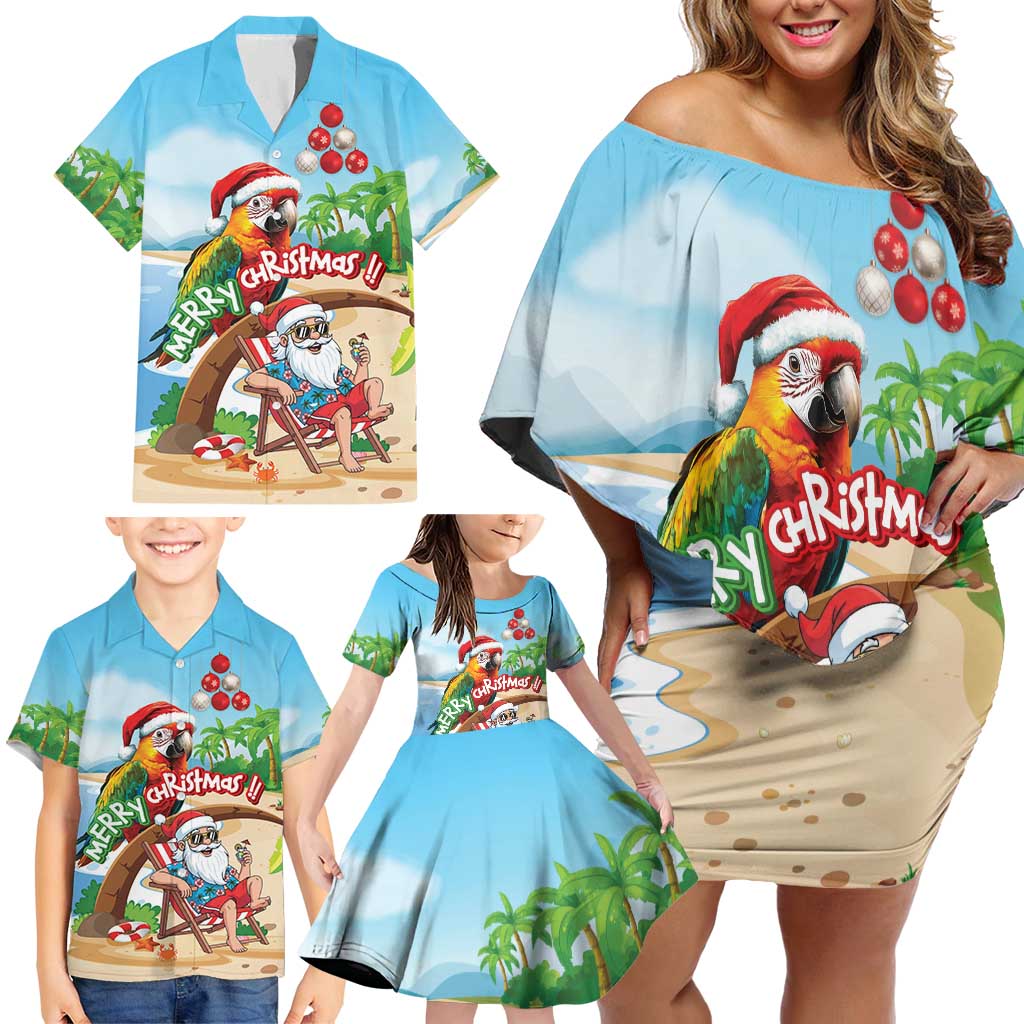 Personalized Hawaii Santa Parrot Christmas Family Matching Off Shoulder Short Dress and Hawaiian Shirt Summer Vibe - Polynesian Pride