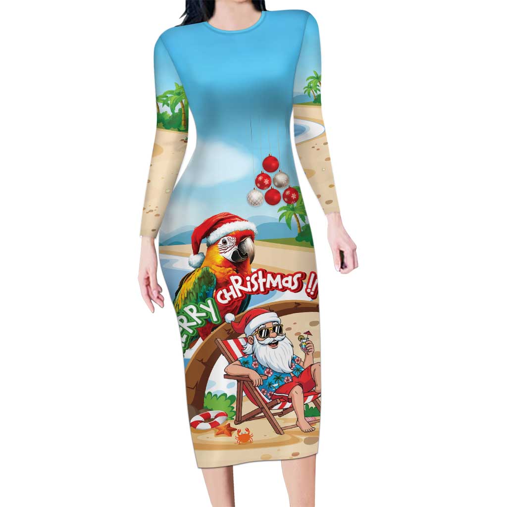 Personalized Hawaii Santa Parrot Christmas Long Sleeve Bodycon Dress Summer Vibe - Polynesian Pride