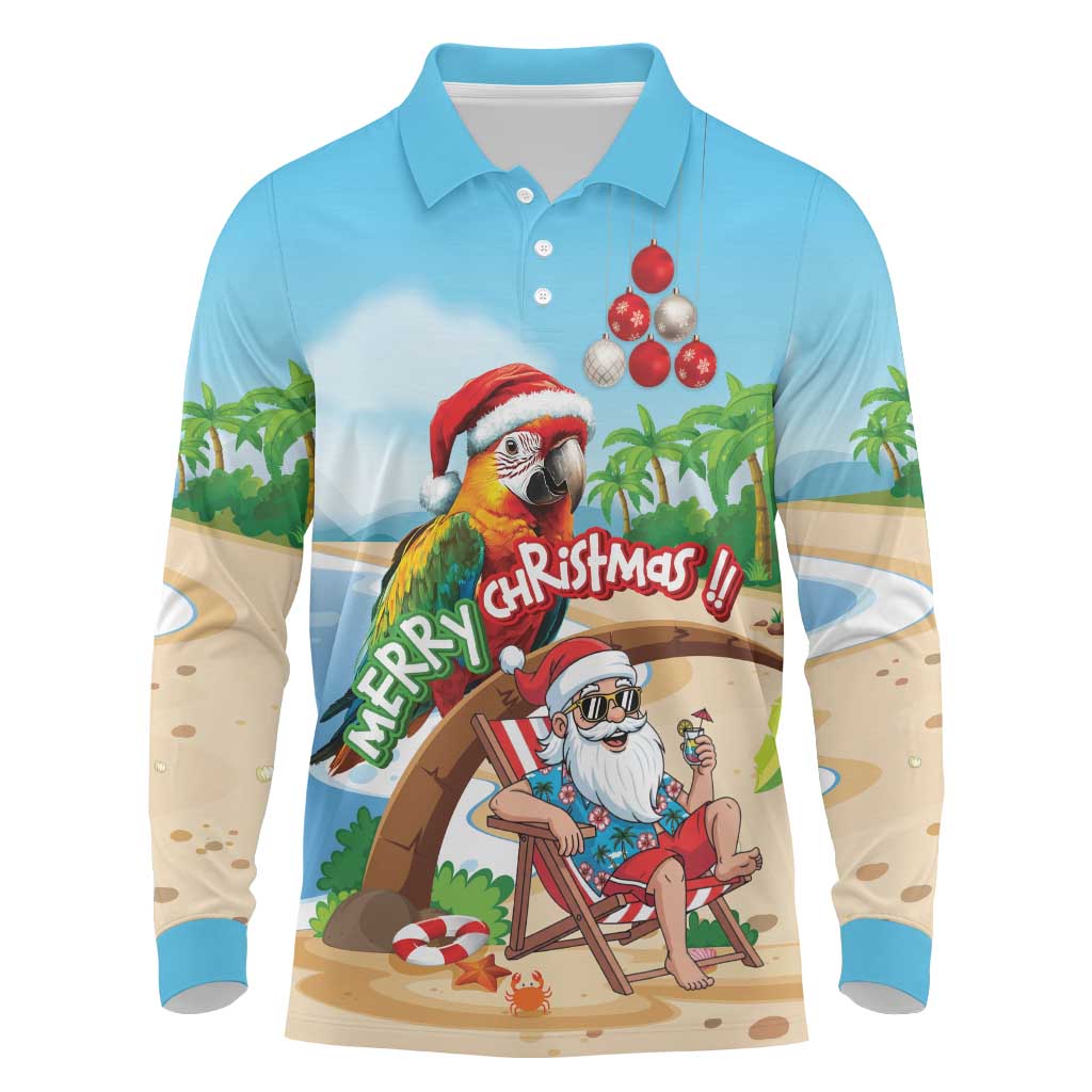 Personalized Hawaii Santa Parrot Christmas Long Sleeve Polo Shirt Summer Vibe - Polynesian Pride
