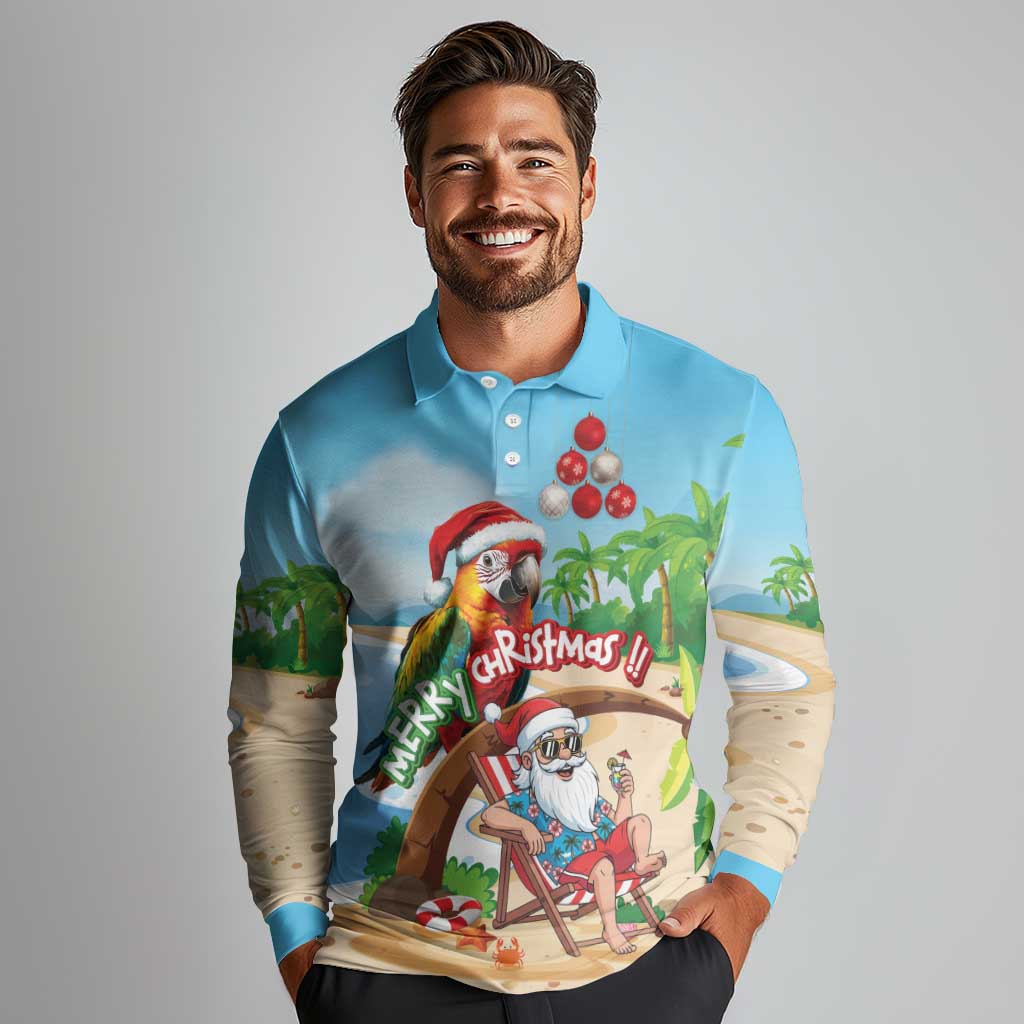 Personalized Hawaii Santa Parrot Christmas Long Sleeve Polo Shirt Summer Vibe - Polynesian Pride