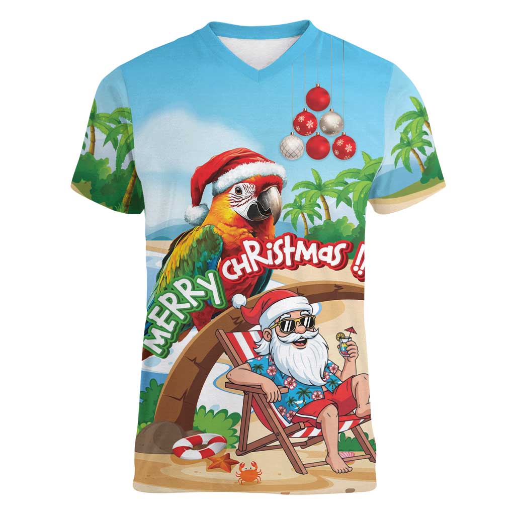 Personalized Hawaii Santa Parrot Christmas Women V-Neck T-Shirt Summer Vibe - Polynesian Pride