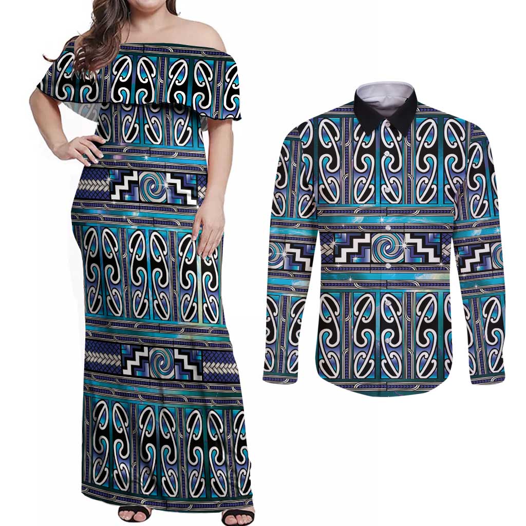 Maori Matariki Couples Matching Off Shoulder Maxi Dress and Long Sleeve Button Shirt Blue Galaxy Aesthetic Koru Art