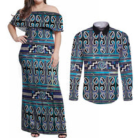 Maori Matariki Couples Matching Off Shoulder Maxi Dress and Long Sleeve Button Shirt Blue Galaxy Aesthetic Koru Art