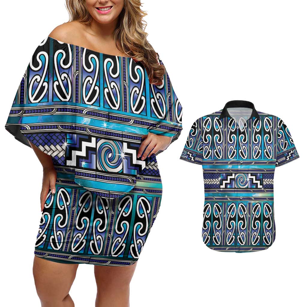 Maori Matariki Couples Matching Off Shoulder Short Dress and Hawaiian Shirt Blue Galaxy Aesthetic Koru Art