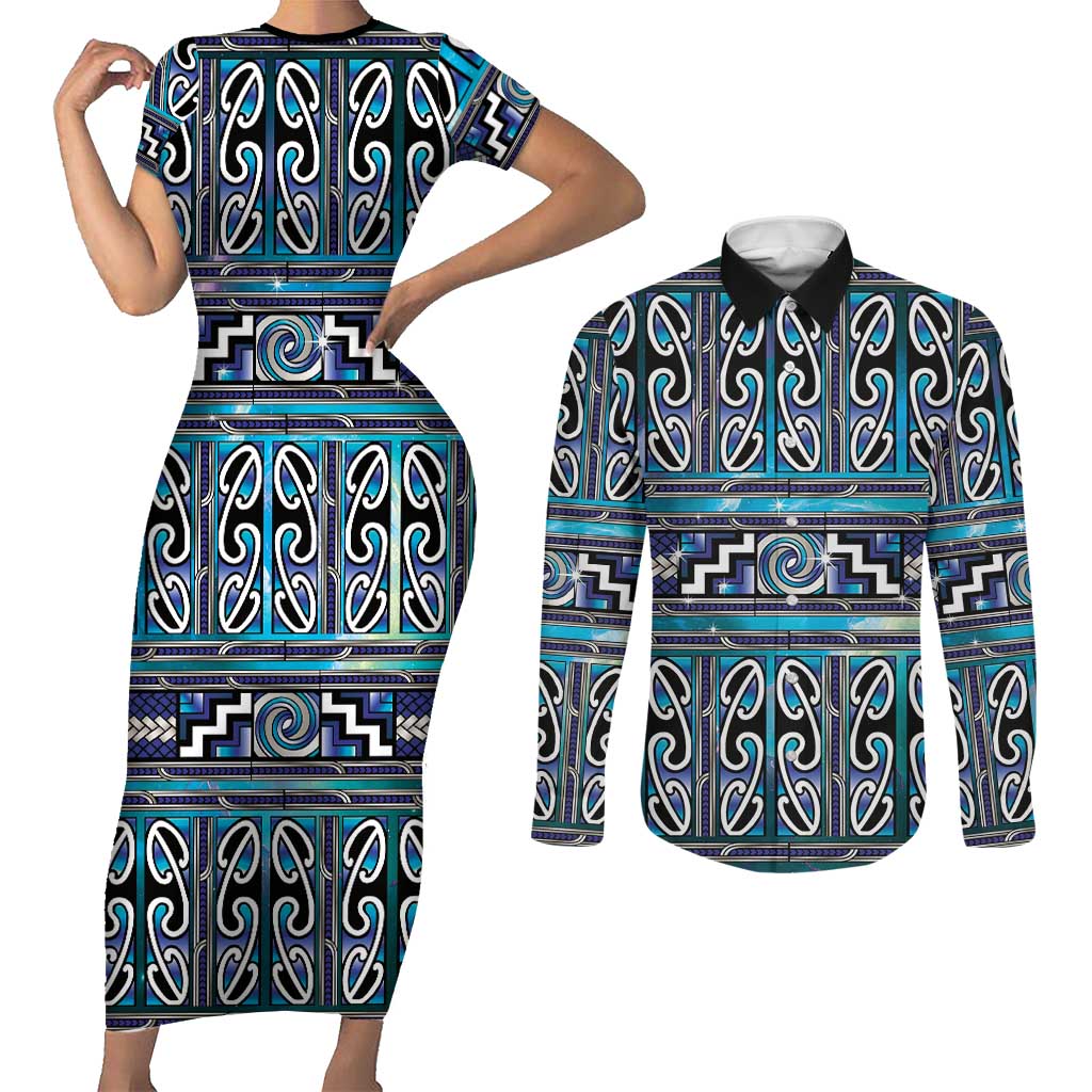 Maori Matariki Couples Matching Short Sleeve Bodycon Dress and Long Sleeve Button Shirt Blue Galaxy Aesthetic Koru Art LT01 Blue - Polynesian Pride