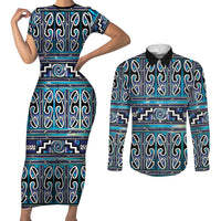 Maori Matariki Couples Matching Short Sleeve Bodycon Dress and Long Sleeve Button Shirt Blue Galaxy Aesthetic Koru Art LT01 Blue - Polynesian Pride