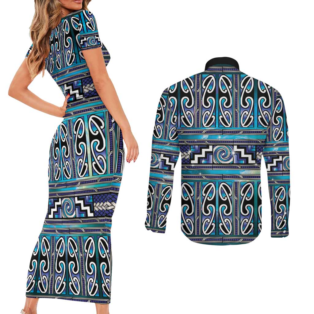 Maori Matariki Couples Matching Short Sleeve Bodycon Dress and Long Sleeve Button Shirt Blue Galaxy Aesthetic Koru Art LT01 - Polynesian Pride