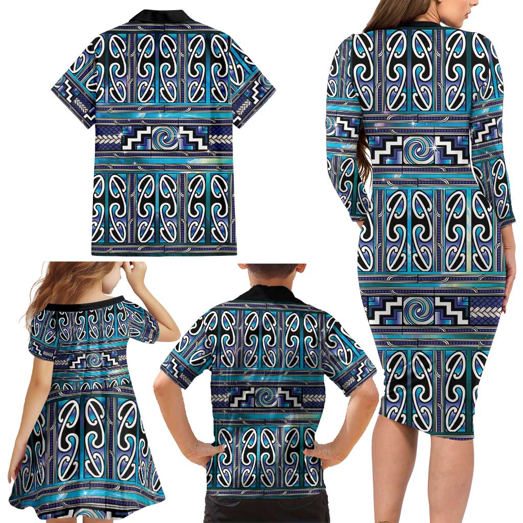 Maori Matariki Family Matching Long Sleeve Bodycon Dress and Hawaiian Shirt Blue Galaxy Aesthetic Koru Art LT01 - Polynesian Pride