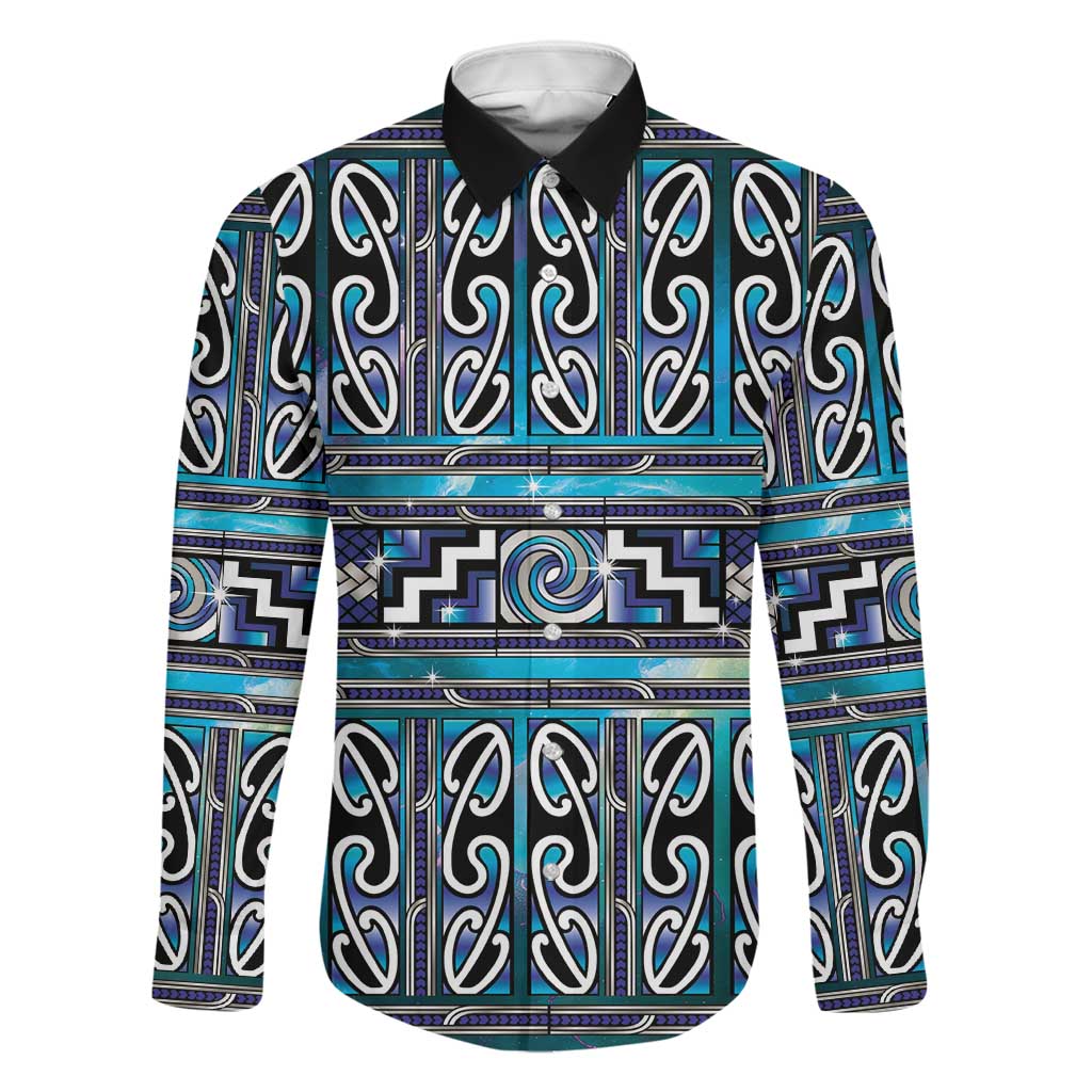 Maori Matariki Family Matching Mermaid Dress and Hawaiian Shirt Blue Galaxy Aesthetic Koru Art LT01 Dad's Shirt - Long Sleeve Blue - Polynesian Pride