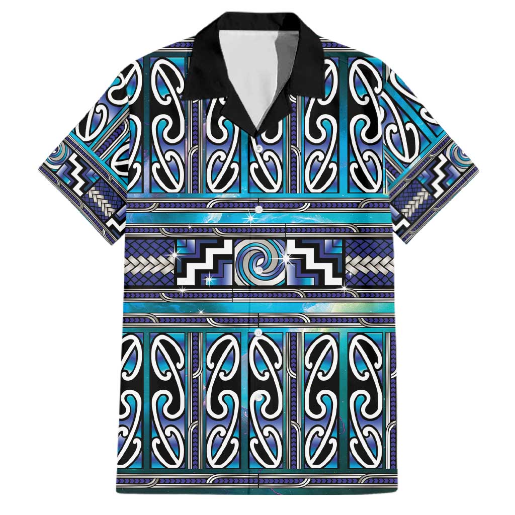 Maori Matariki Family Matching Off The Shoulder Long Sleeve Dress and Hawaiian Shirt Blue Galaxy Aesthetic Koru Art LT01 Dad's Shirt - Short Sleeve Blue - Polynesian Pride