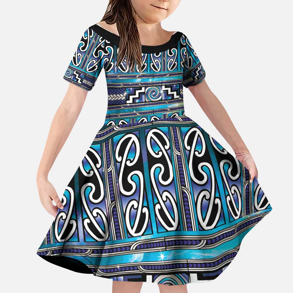 Maori Matariki Family Matching Off Shoulder Maxi Dress and Hawaiian Shirt Blue Galaxy Aesthetic Koru Art LT01 Daughter's Dress Blue - Polynesian Pride