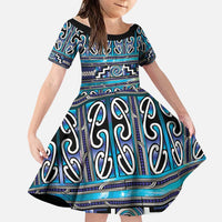 Maori Matariki Family Matching Off Shoulder Maxi Dress and Hawaiian Shirt Blue Galaxy Aesthetic Koru Art LT01 Daughter's Dress Blue - Polynesian Pride