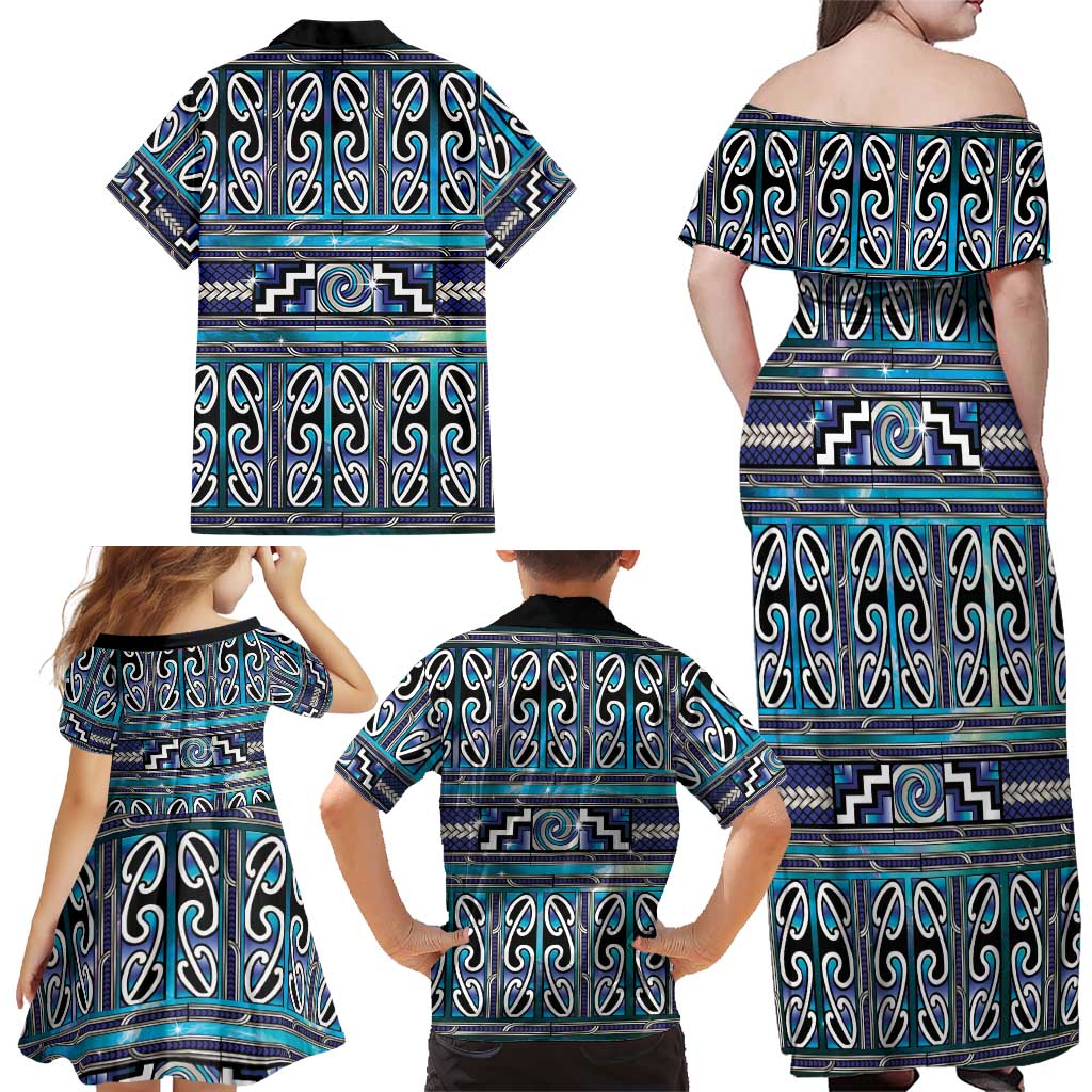 Maori Matariki Family Matching Off Shoulder Maxi Dress and Hawaiian Shirt Blue Galaxy Aesthetic Koru Art LT01 - Polynesian Pride