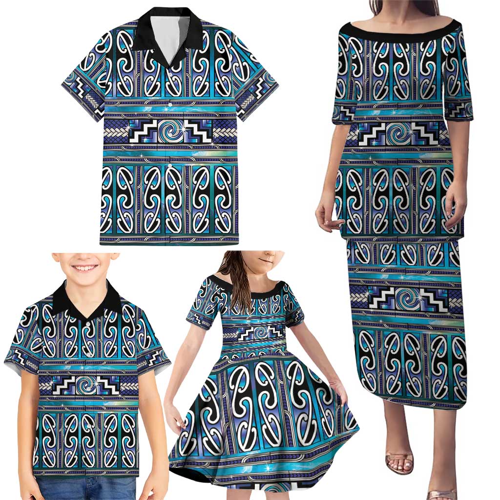 Maori Matariki Family Matching Puletasi and Hawaiian Shirt Blue Galaxy Aesthetic Koru Art