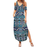 Maori Matariki Family Matching Summer Maxi Dress and Hawaiian Shirt Blue Galaxy Aesthetic Koru Art LT01 Mom's Dress Blue - Polynesian Pride